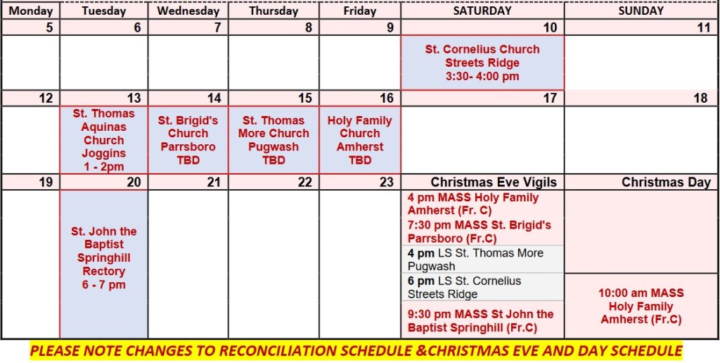 Reconciliation and Christmas Mass and Lay Services Schedule